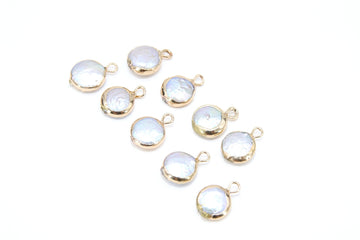Freshwater Pearl Charms, Gold Round White Charms #2650, 9 mm Natural Shell